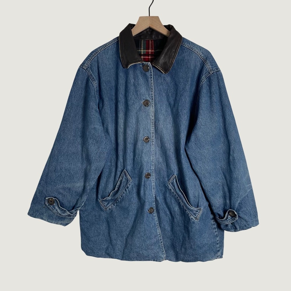 Vintage Barn Jacket Men XL Blue Denim Leather Trim Plaid Lined Chore Coat